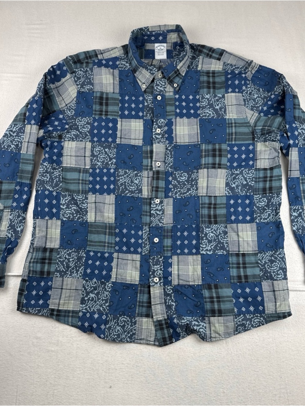 Brooks Brothers Patchwork Madras Mens Blue Funky Shirt XL Long Sleeve Casual